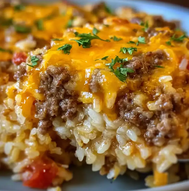 Cheesy Ground Beef & Rice Bake