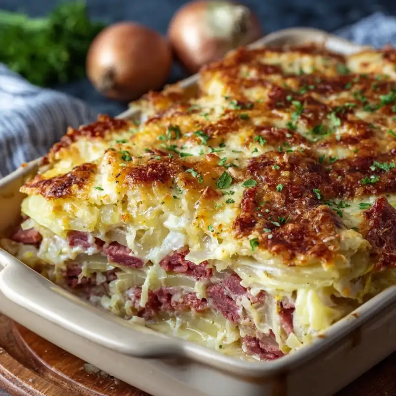 Creamy Corned Beef and Cabbage Parmesan Bake
