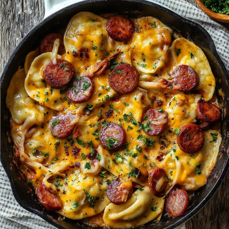 Cheesy Kielbasa & Pierogi Skillet